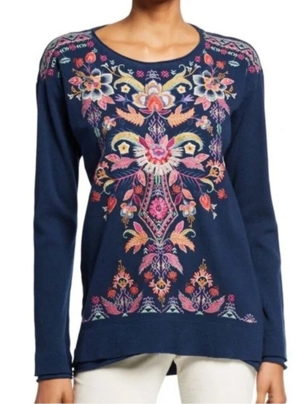 Johnny Was Loana Navy Floral Embroidered Long Sleeve Thermal Top